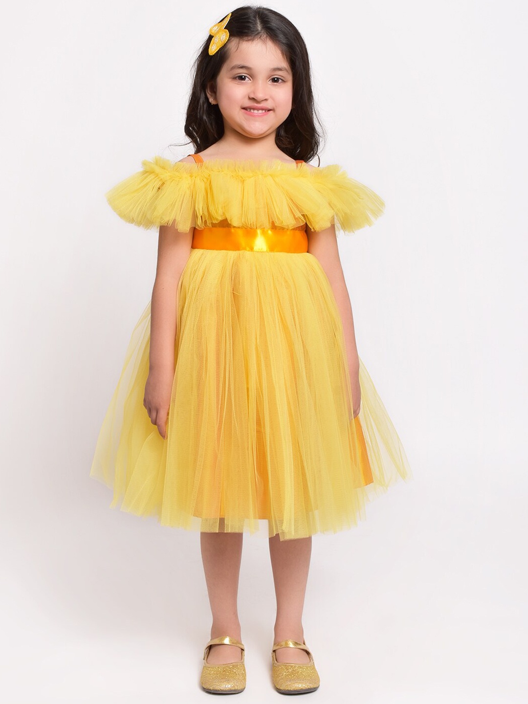 

Jelly Jones Girls Yellow Solid Fit and Flare Dress with Satin Belt