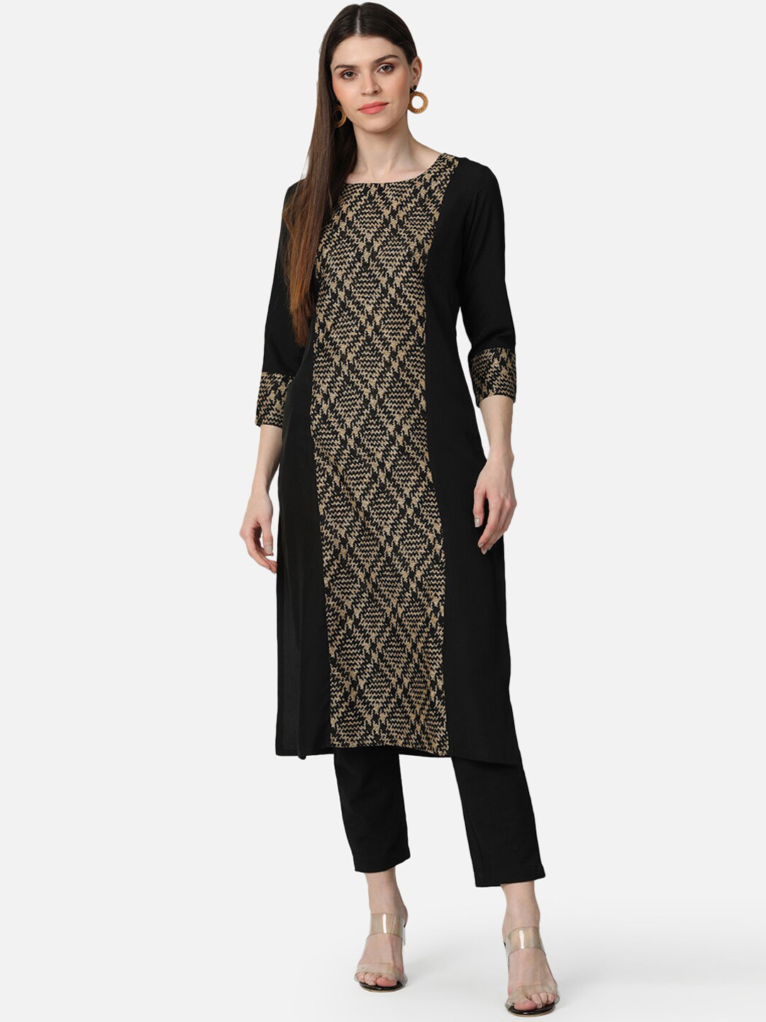 

AHIKA Women Black & Beige Checked Panelled Straight Kurta