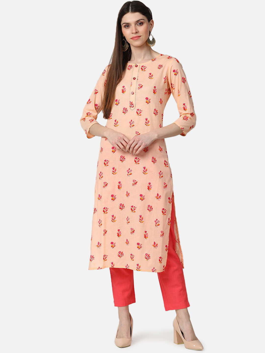 

AHIKA Women Peach-Coloured Floral Printed Kurta