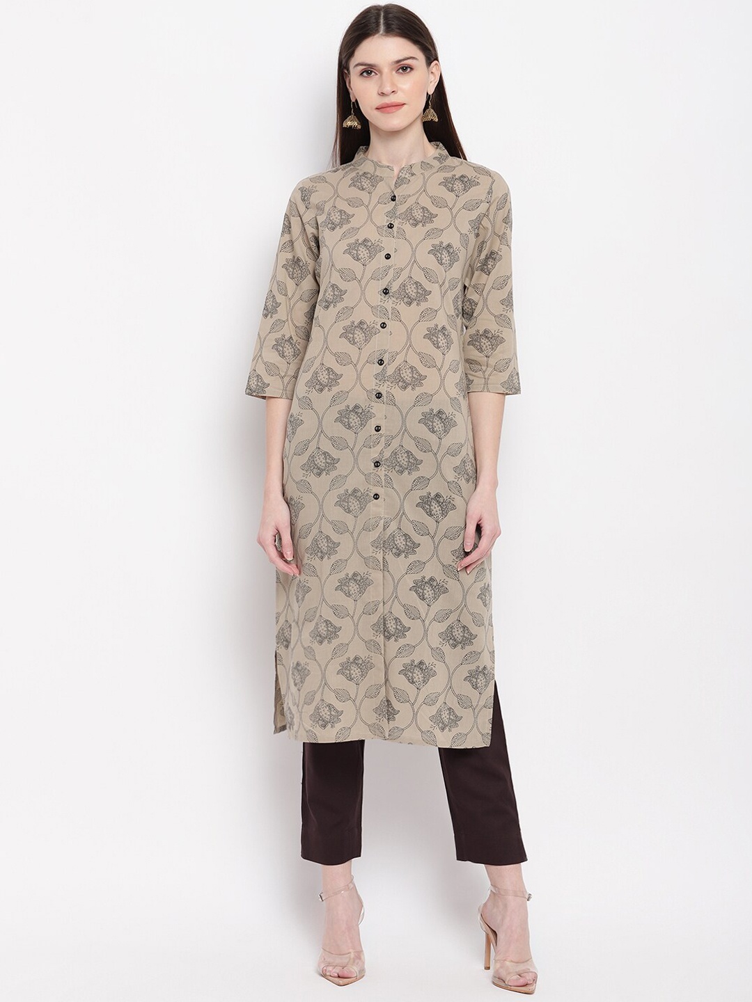 

Janasya Women Taupe & Black Ethnic Motifs Printed Cotton Straight Kurta