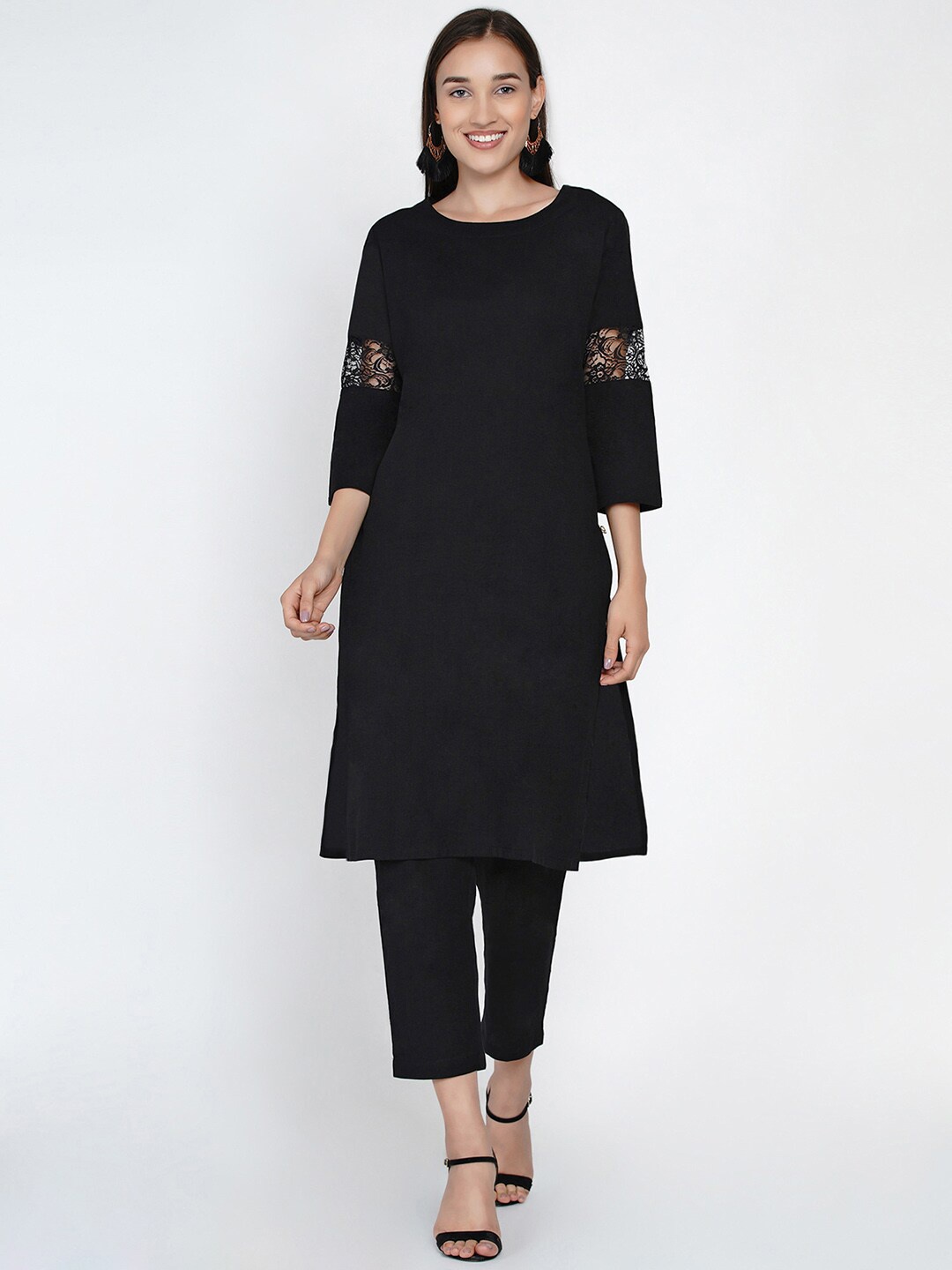 

FABNEST Women Black Solid Kurta with Trousers