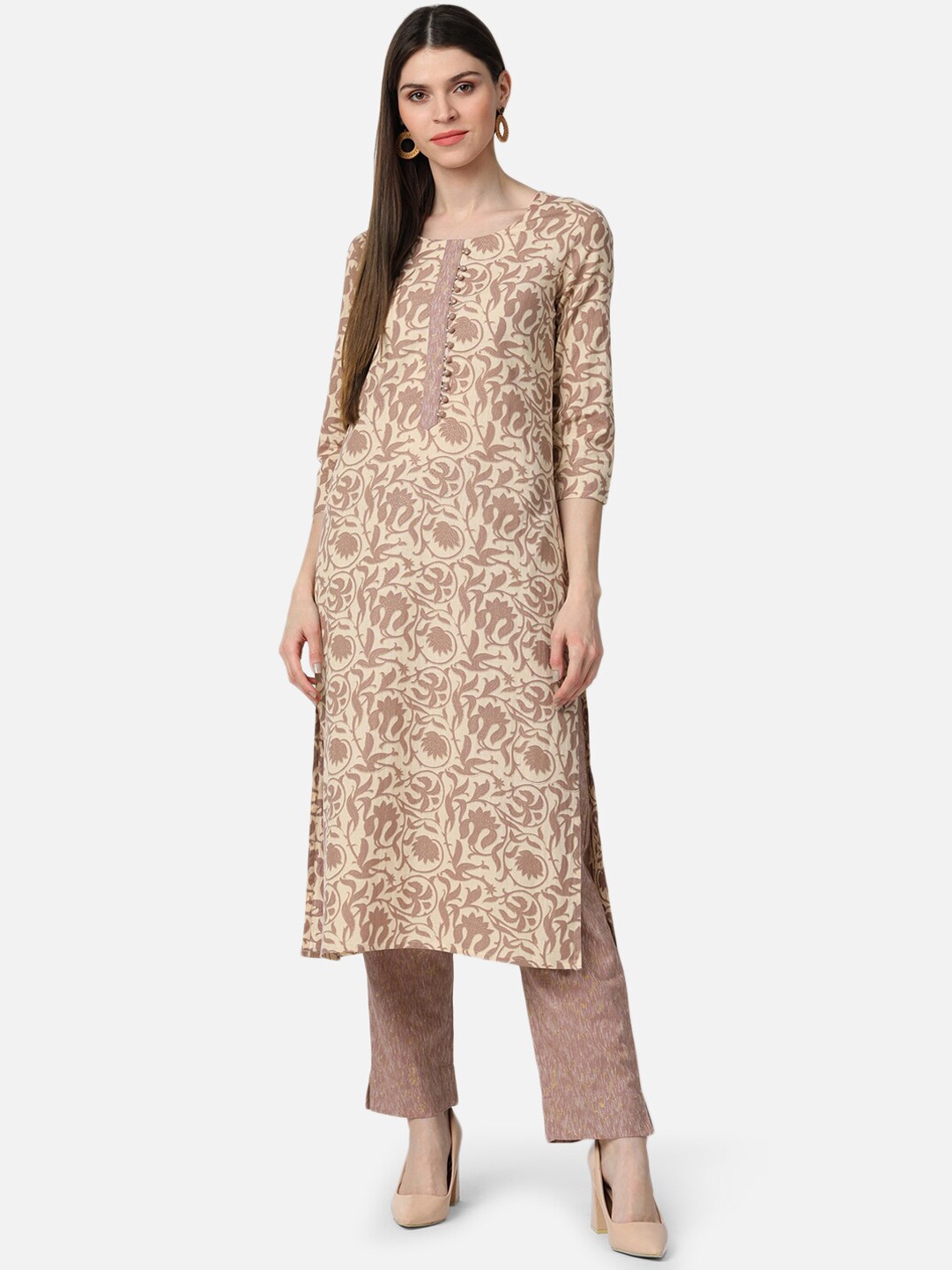 

AHIKA Women Beige Printed Kurti with Trousers