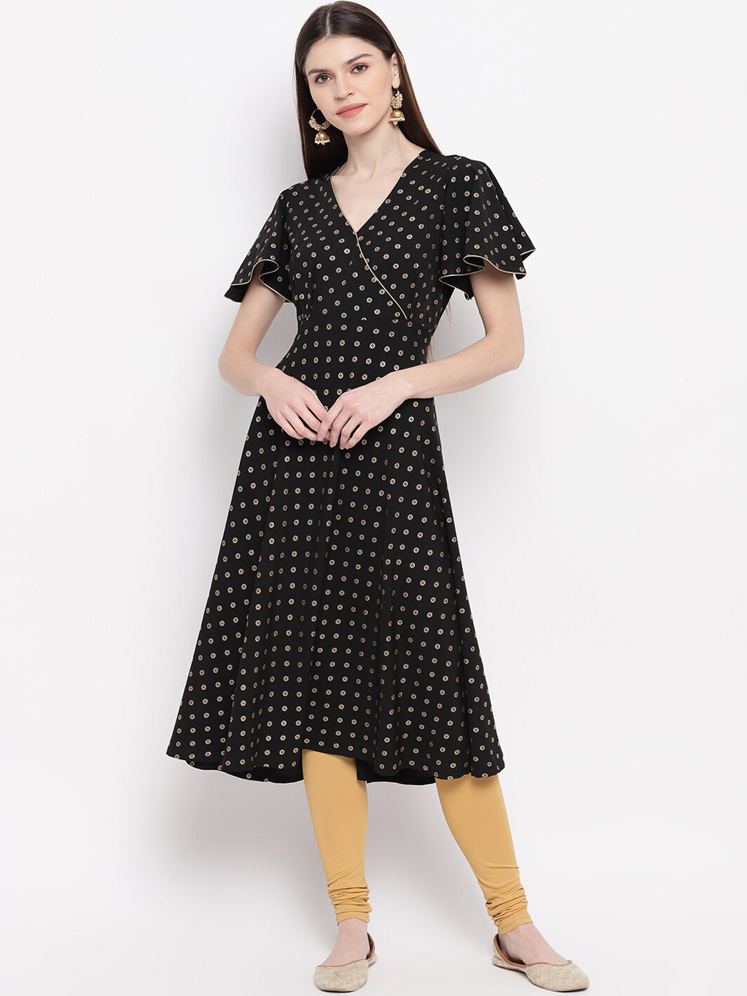 

Janasya Women Black & Golden Ethnic Motifs Foil Print Sequins A-Line Kurta