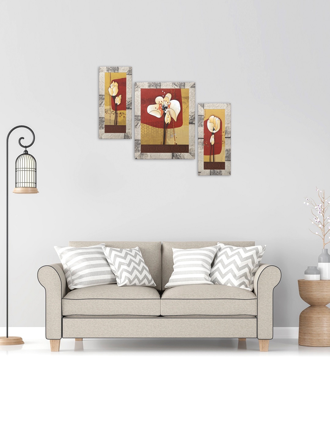 

Indianara Set Of 3 Beige & Maroon Flowers Framed Wall Art