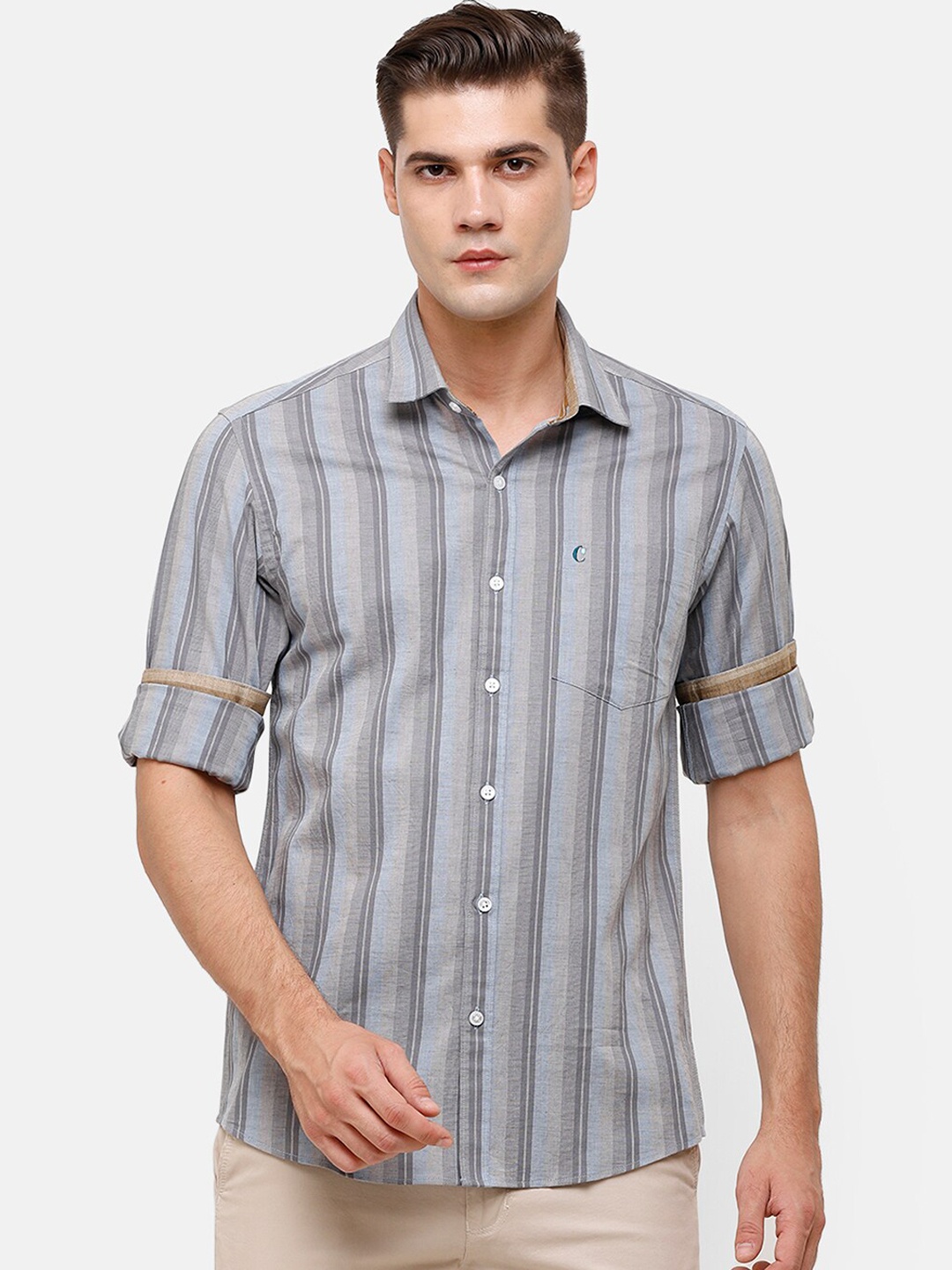 

CAVALLO by Linen Club Men Grey Regular Fit Striped Casual Shirt