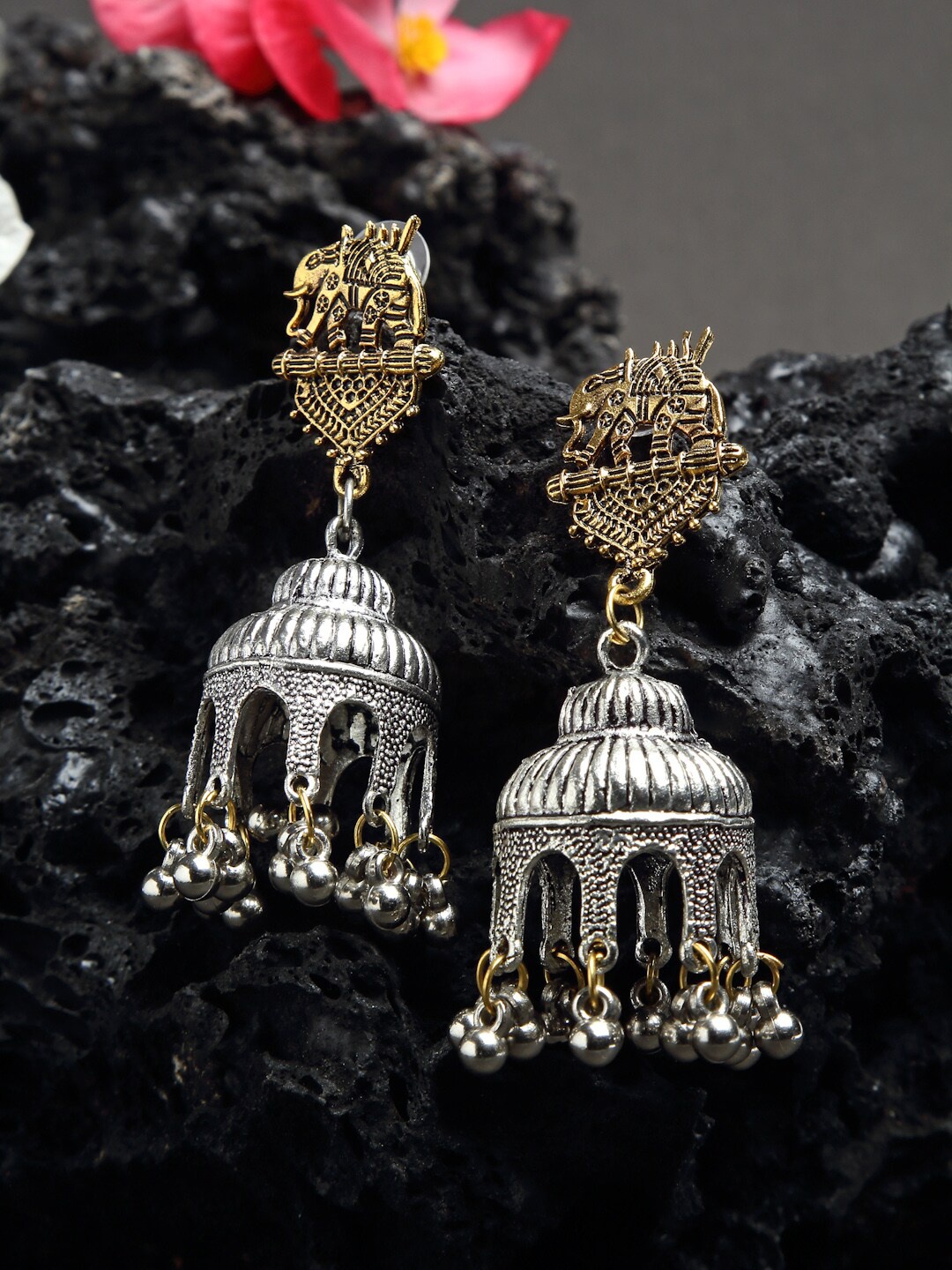 

NEUDIS Gold-Toned & Silver-Toned Oxidised Antique Dome Shaped Jhumkas