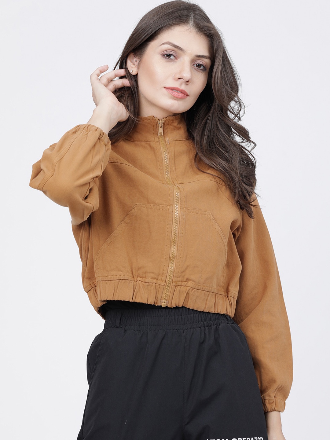 

Tokyo Talkies Women Khaki Solid Crop Tailored Jacket