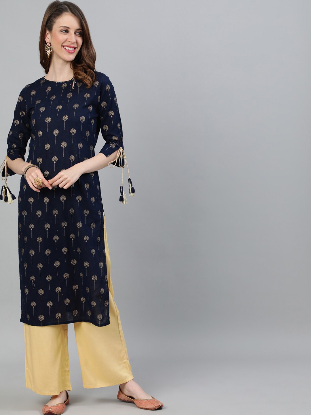 Jaipur Kurti Women Navy Blue & Beige Printed Kurta with Palazzos