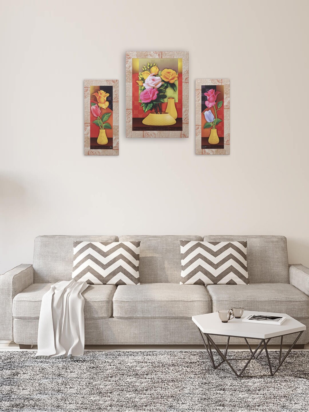 

Indianara Set Of 3 Digital Printed Flowers in Vases Framed Wall Paintings, Beige