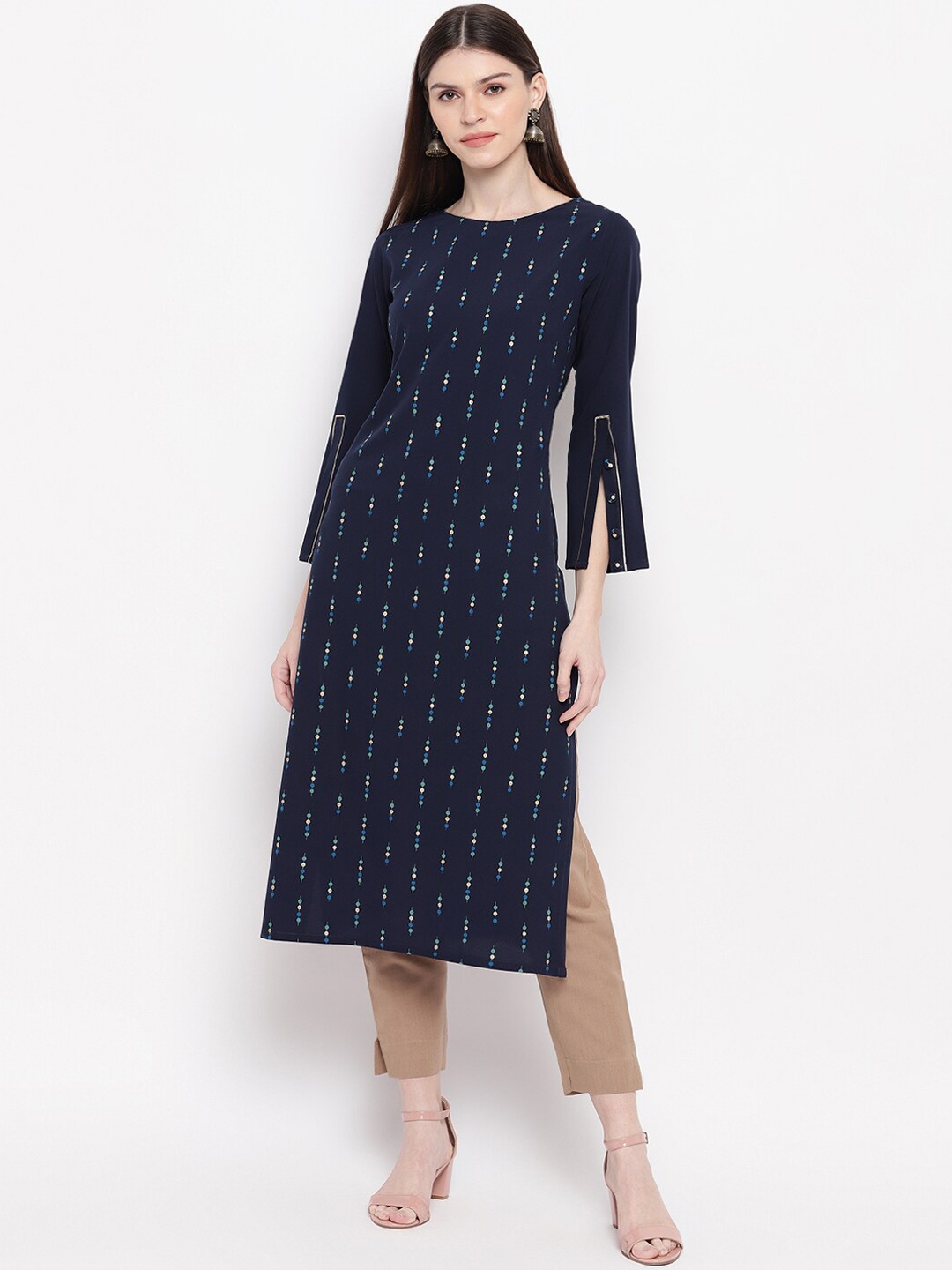 

Janasya Women Navy Blue & White Printed Indigo Stright Kurta