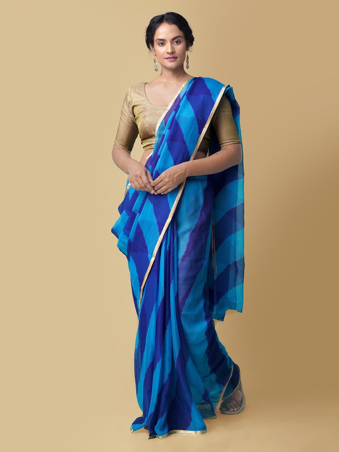 

Unnati Silks Blue Pure Chiffon Striped Baluchari Handloom Saree