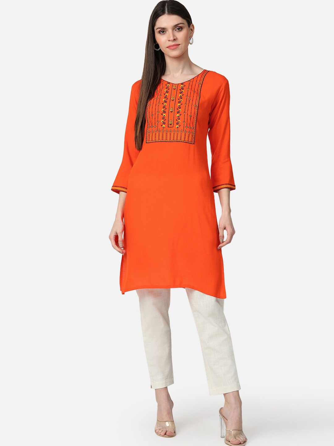 

AHIKA Women Orange & Blue Yoke Design Cotton Straight Kurta