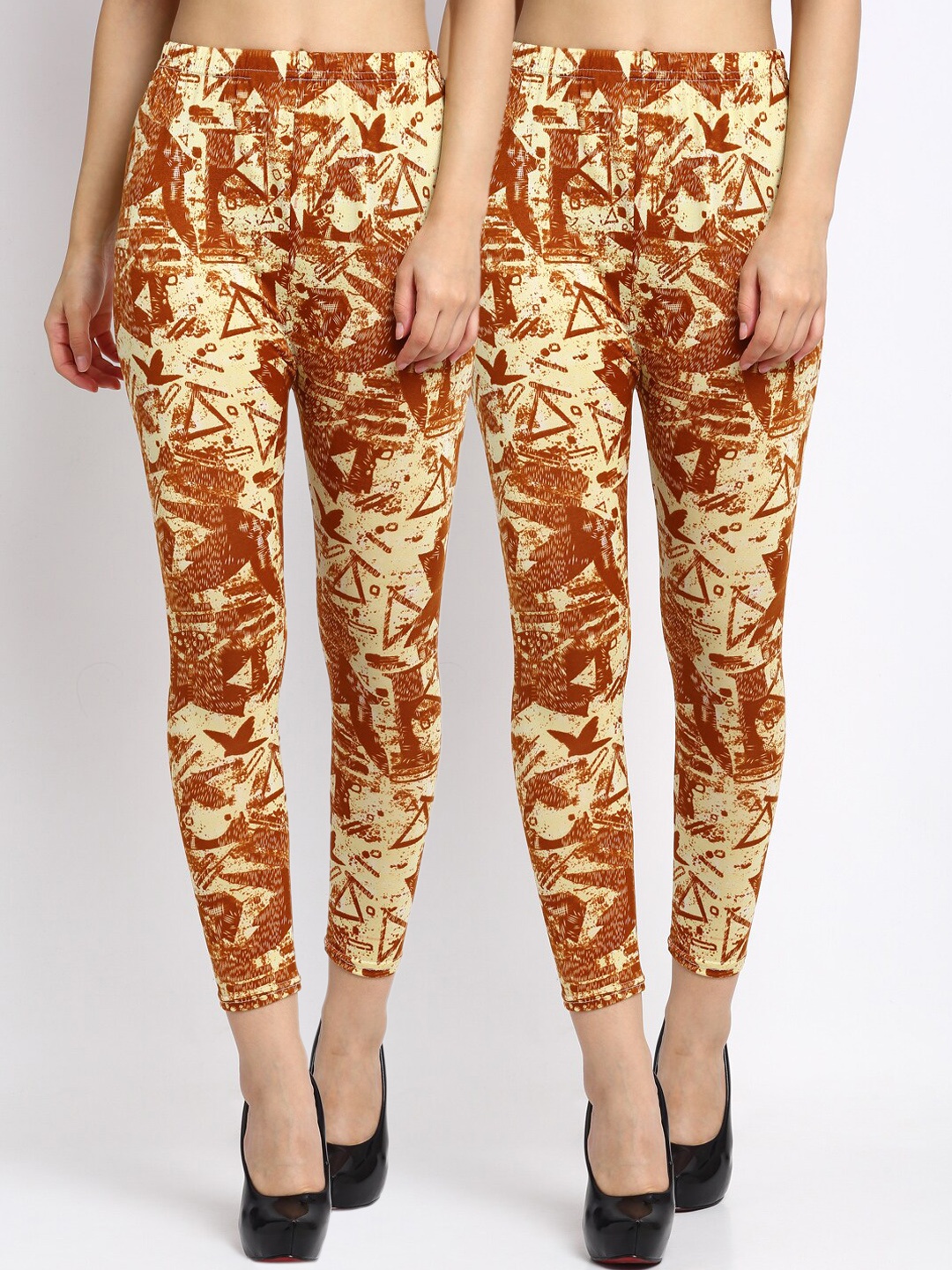 

NEUDIS Women Pack of 2 Beige & Brown Printed Skinny Fit Ankle Length Crop Leggings