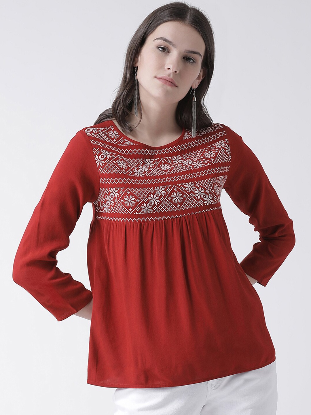 

The Vanca Red & White Geometric Embroidered A-Line Top