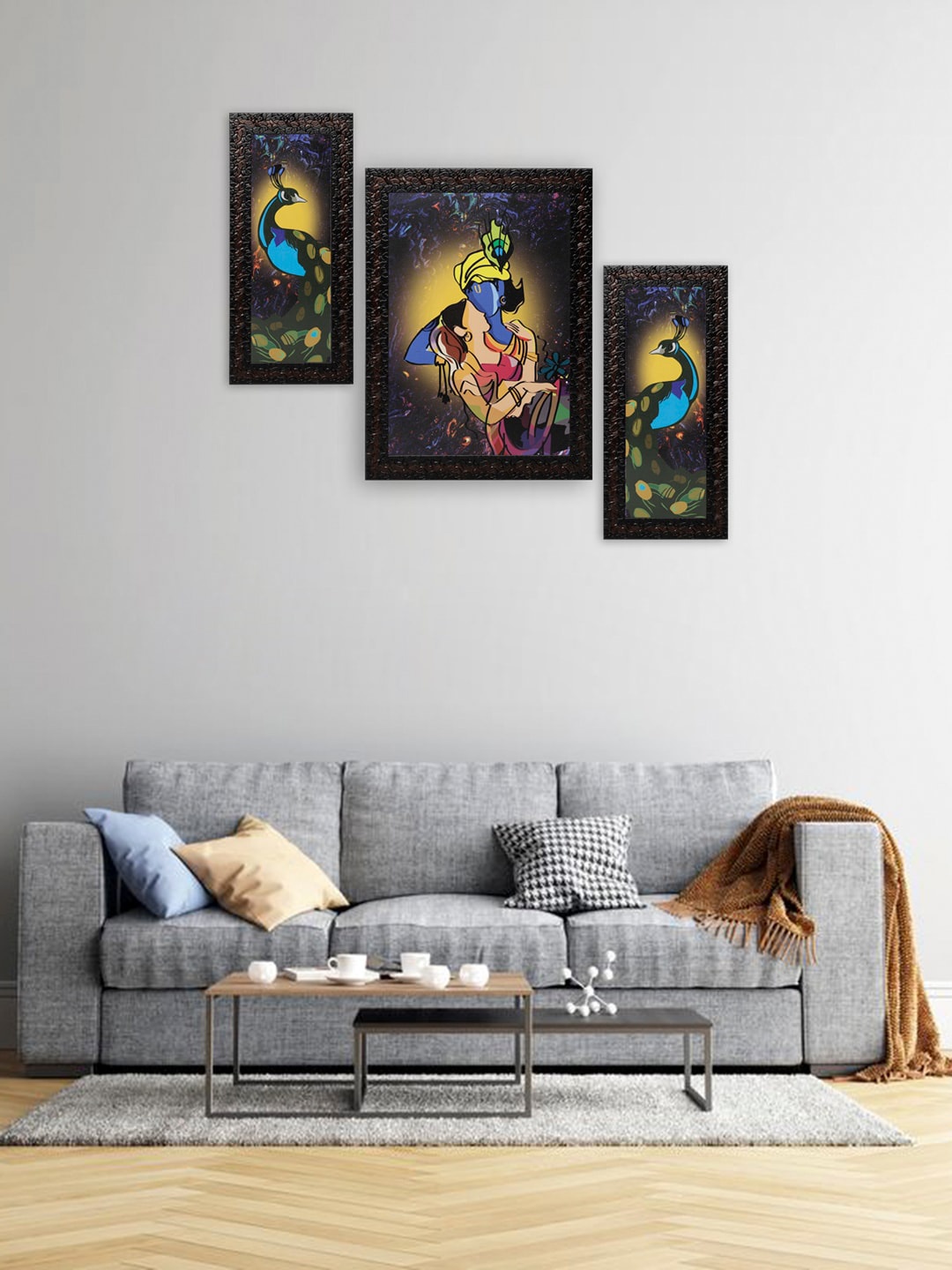 Indianara Set of 3 Blue & Yellow Radha Krishna Framed Wall Paintings without Glass