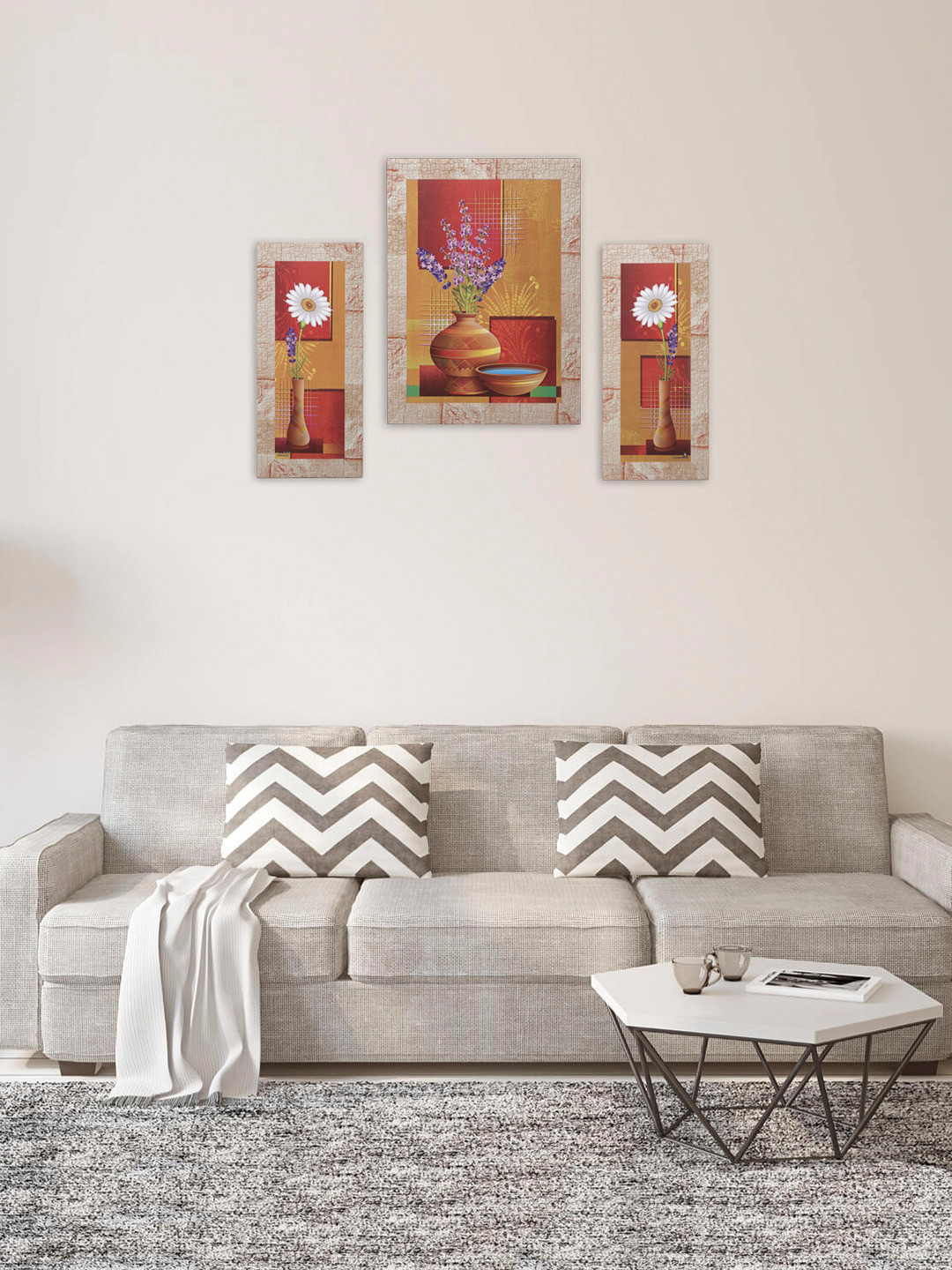 

Indianara Set of 3 Multicoloured Flowers in Vases Framed Wall Paintings without Glass, Multi