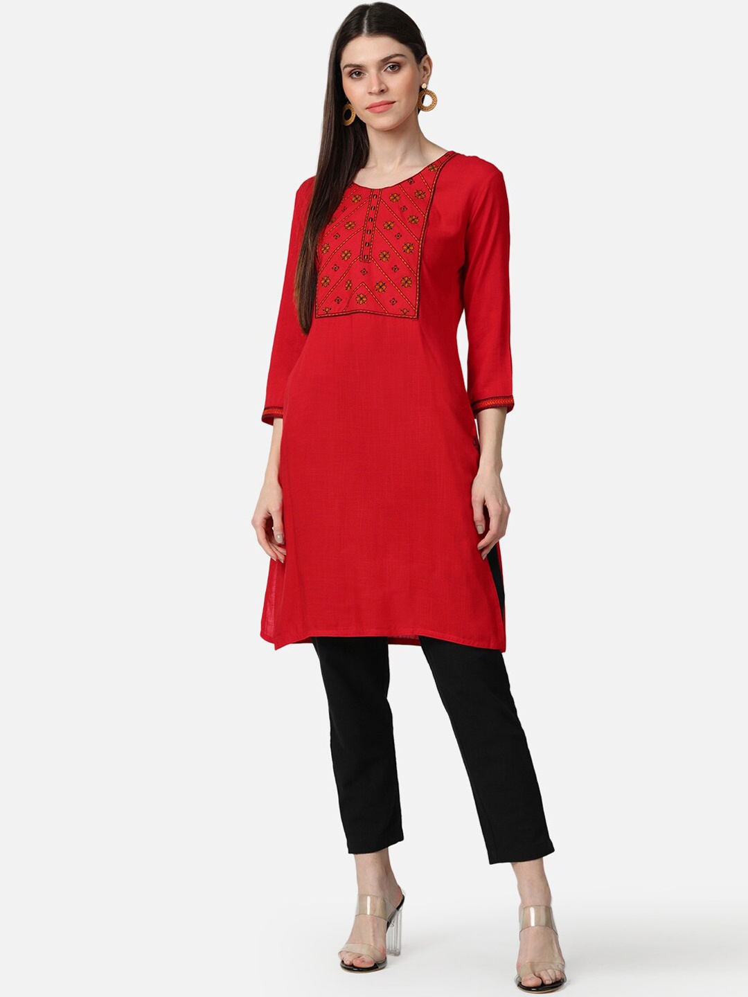 

AHIKA Women Red & Black Yoke Design Cotton Straight Kurta