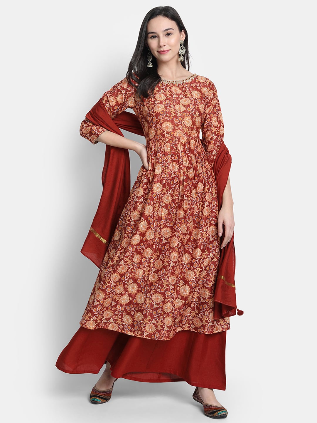 

Janasya Women Maroon & Orange Printed Kurta with Palazzos & Dupatta