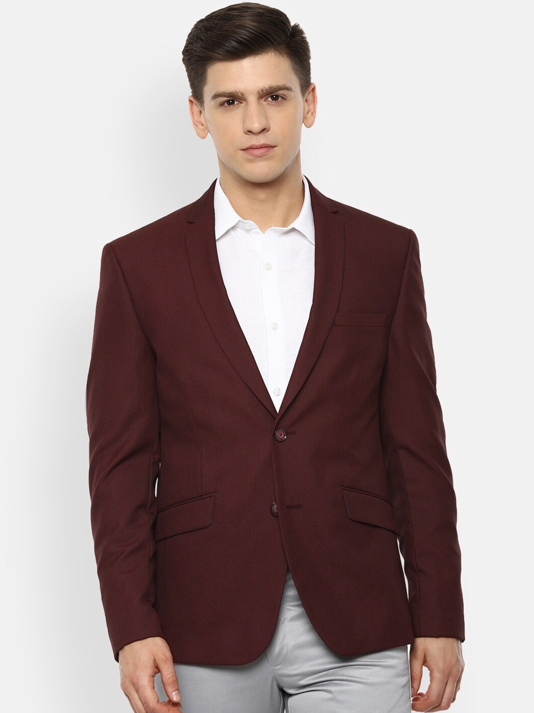 

V Dot Men Maroon Self-Design Single-Breasted Slim-Fit Formal Blazer