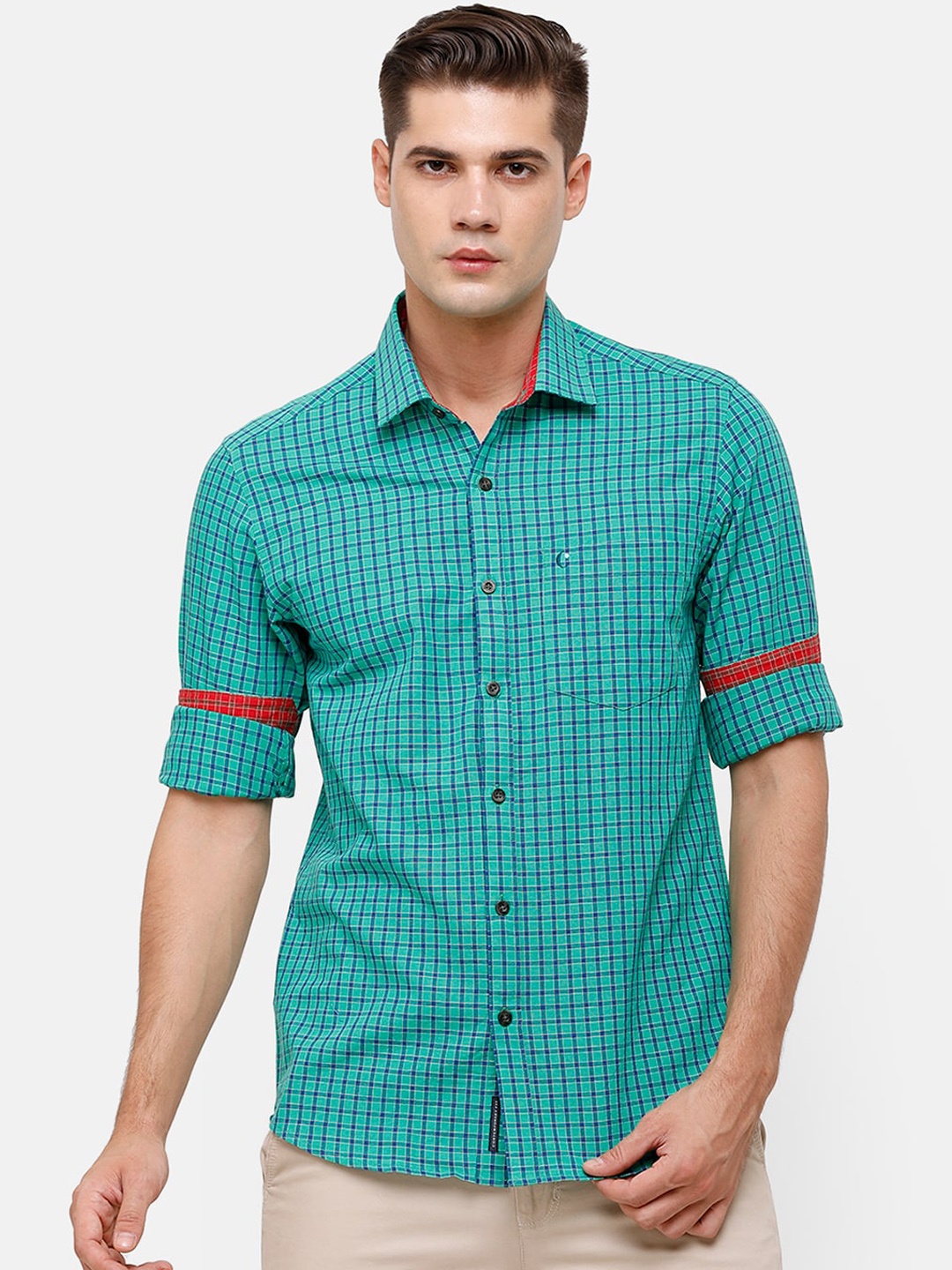 

CAVALLO by Linen Club Men Green & Navy Blue Regular Fit Checked Casual Shirt