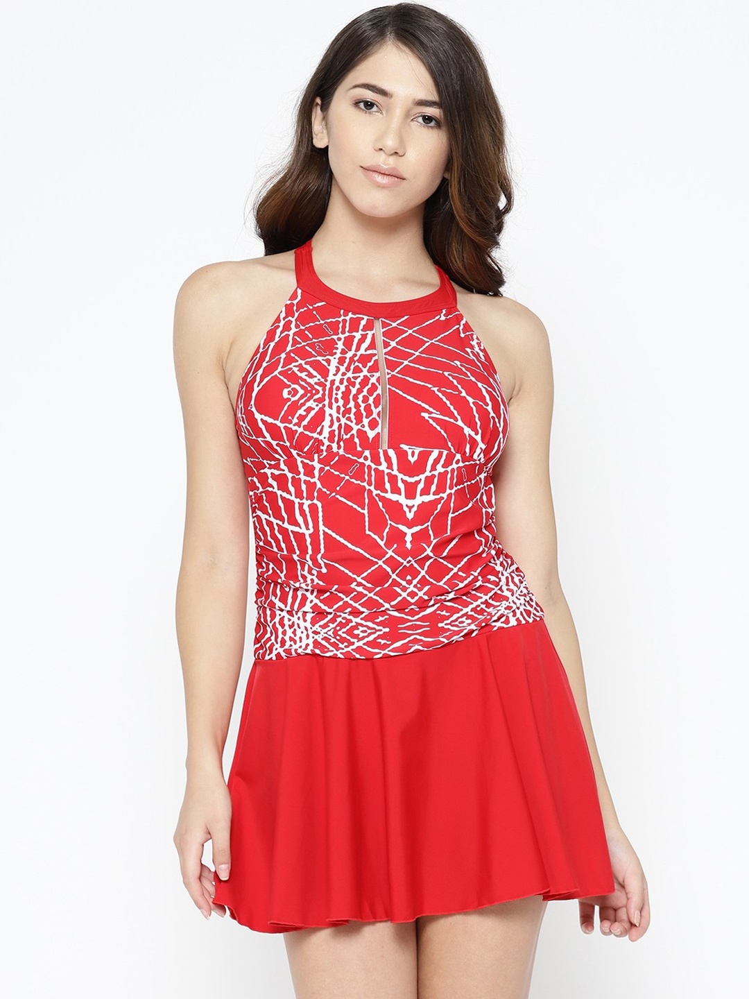 

VOXATI Women Coral Orange & White Printed Swimming Dress