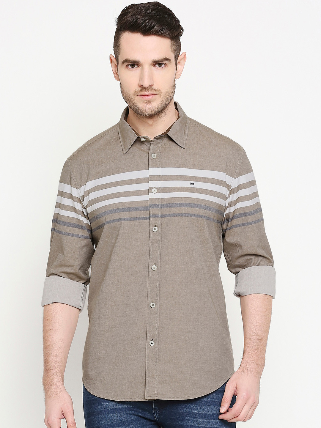 

Basics Men Brown & White Slim Fit Striped Casual Shirt