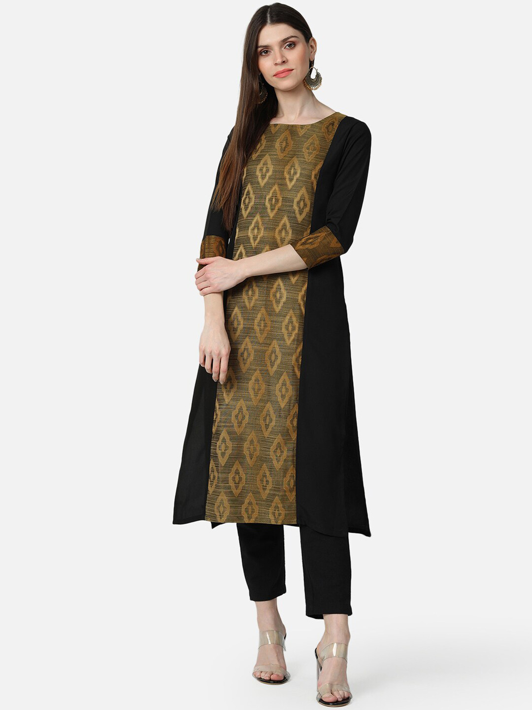 

AHIKA Women Black & Brown Geometric Printed Panelled A-Line Kurta