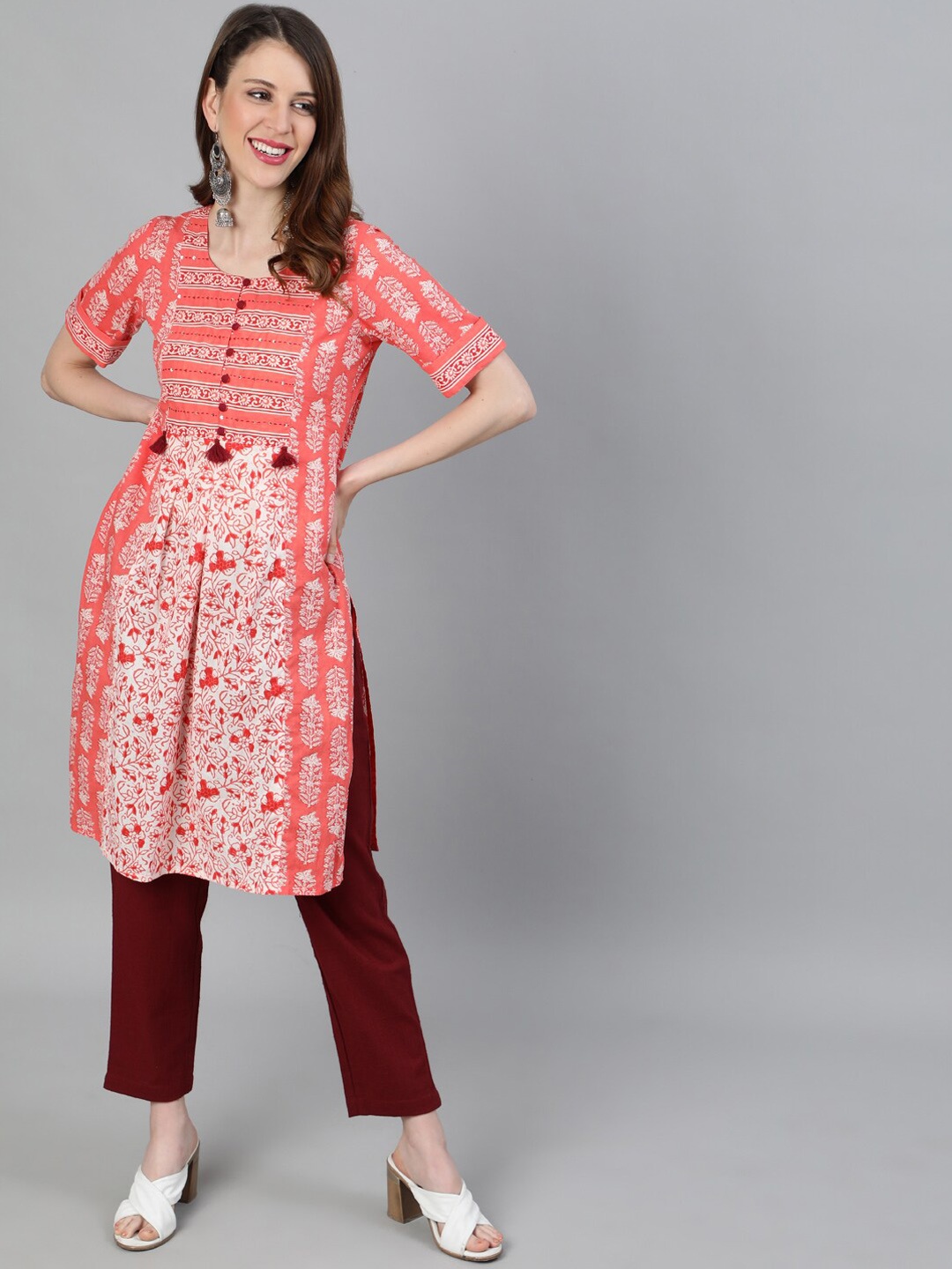 

Jaipur Kurti Women Peach-Coloured & Maroon Printed Kurta with Trousers