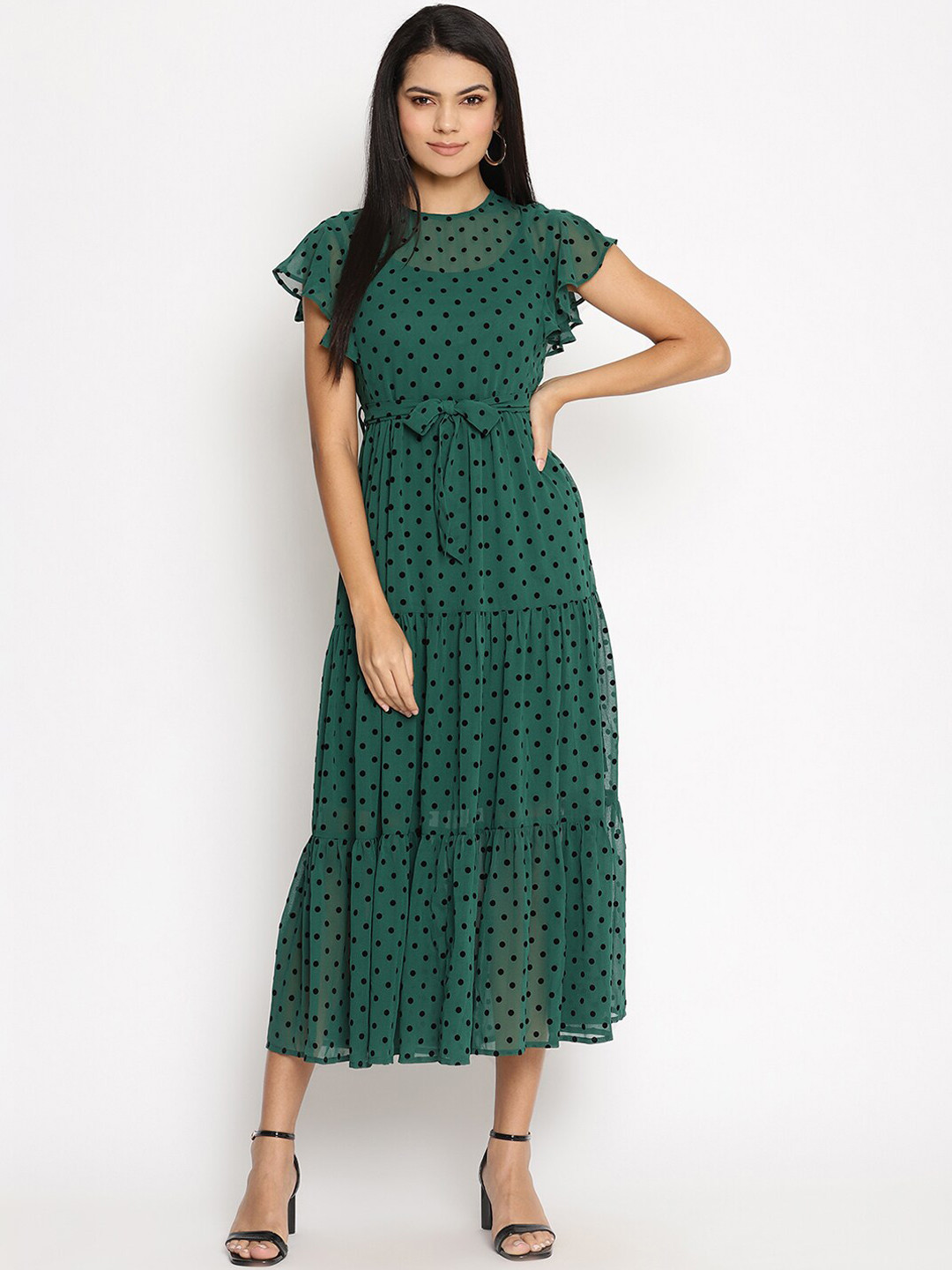 

HOUSE OF KKARMA Women Green Polka Dot Printed A-Line Dress
