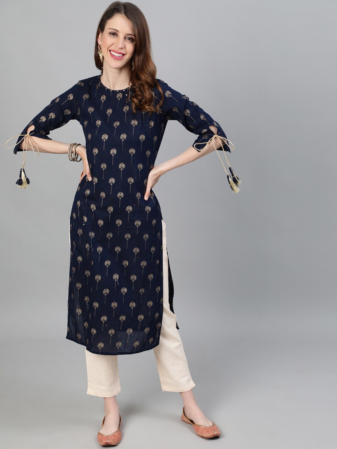 

Jaipur Kurti Women Navy Blue & Golden Ethnic Motifs Printed Keyhole Neck Sequins Kurta