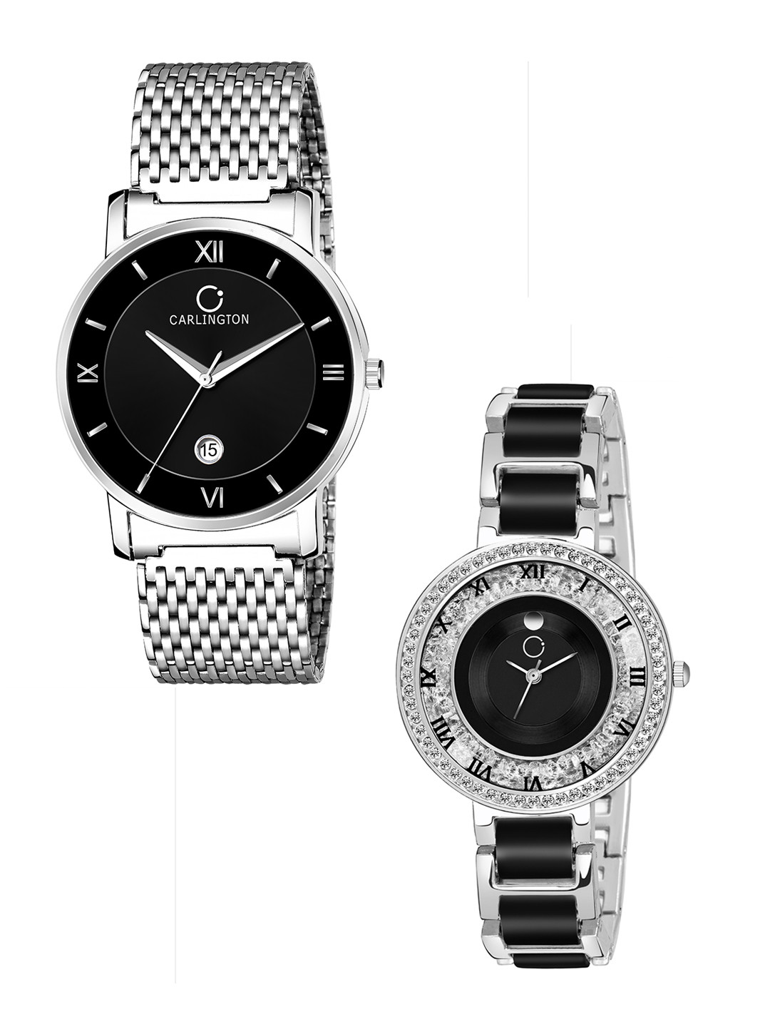 

CARLINGTON Unisex Set Of 2 Black & Silver-Toned Analogue Watches G02 Mesh &Mova SteelBlack