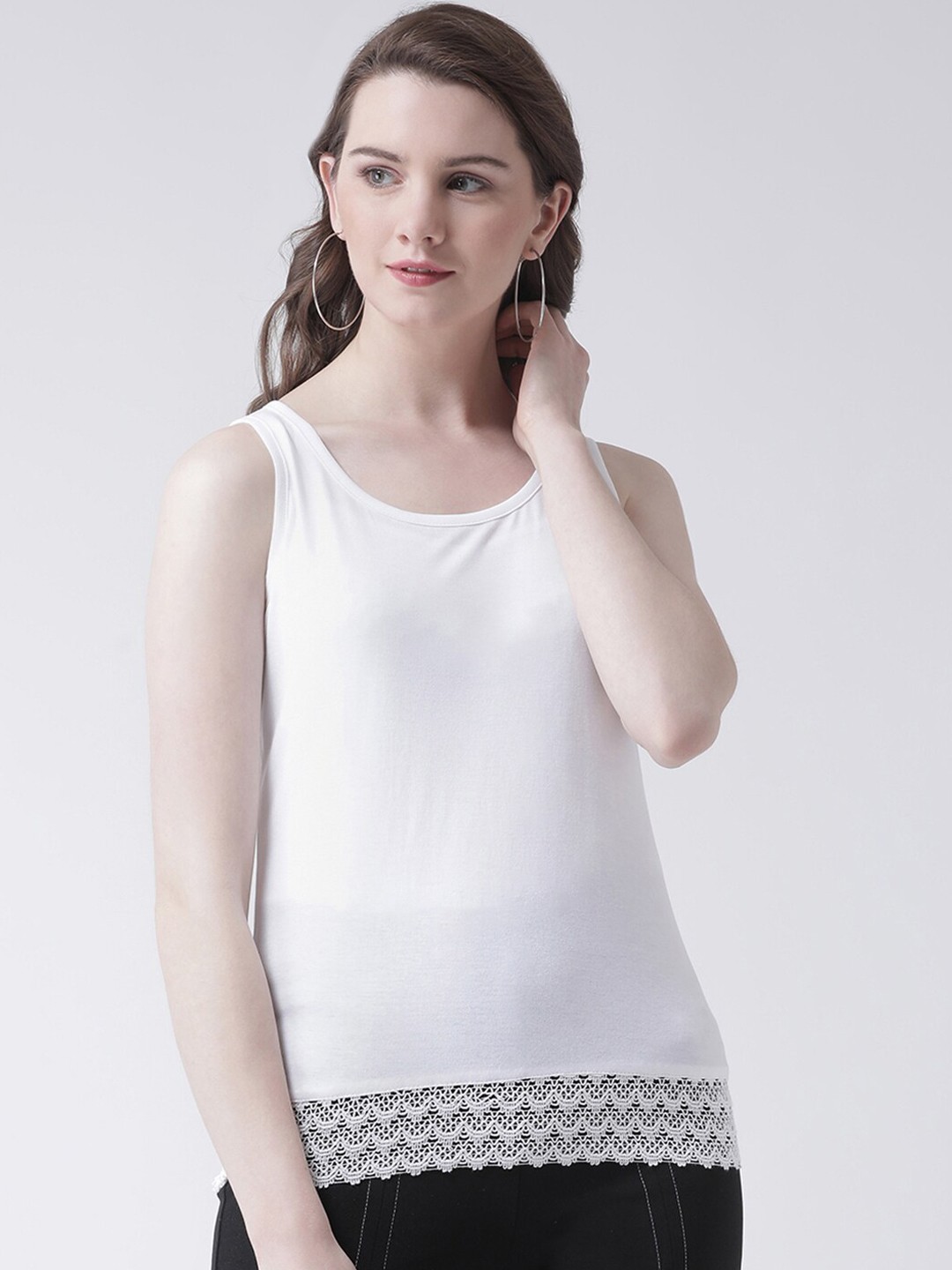 

The Vanca White Solid Lace Tank Top