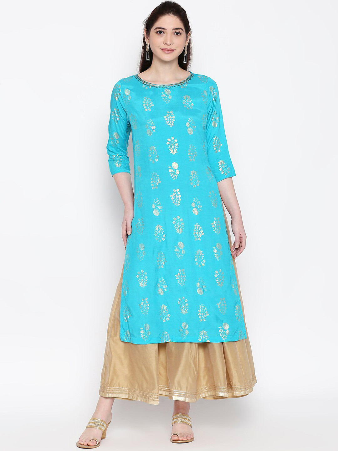

RANGMANCH BY PANTALOONS Women Turquoise Blue & Beige Printed Kurta with Palazzos