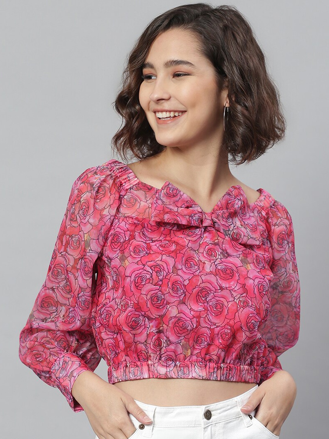 

KASSUALLY Pink Floral Blouson Crop Top
