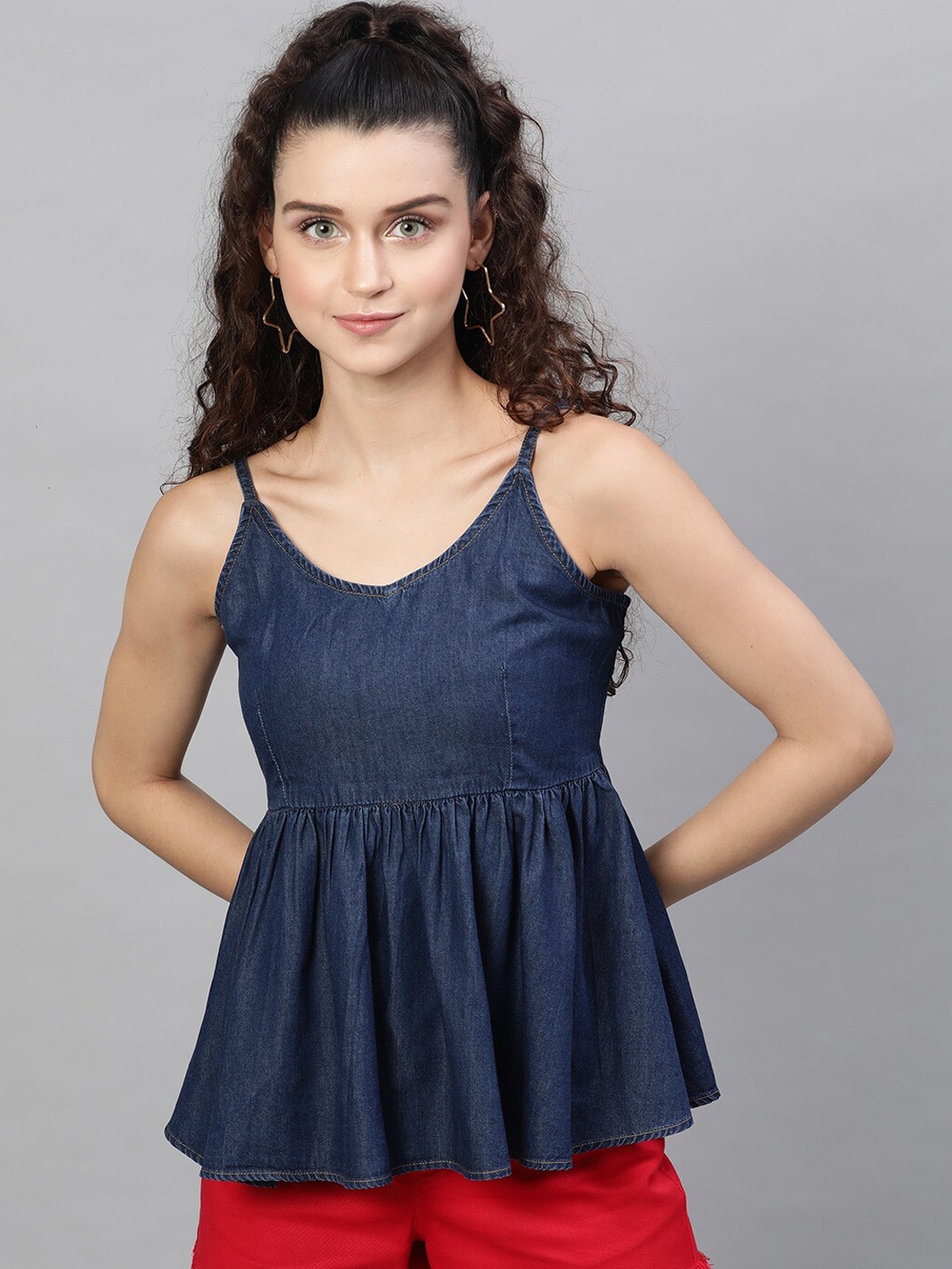 

STREET 9 Navy Blue Solid Indigo Pure Cotton Denim A-Line Top