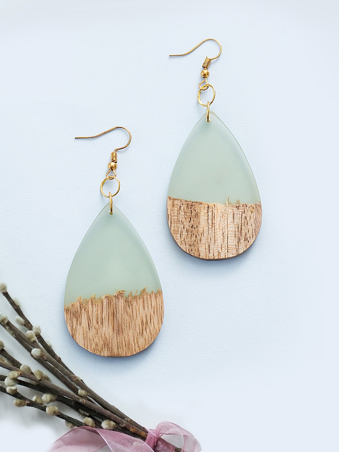 Golden Peacock Green & Brown Teardrop Shaped Drop Earrings