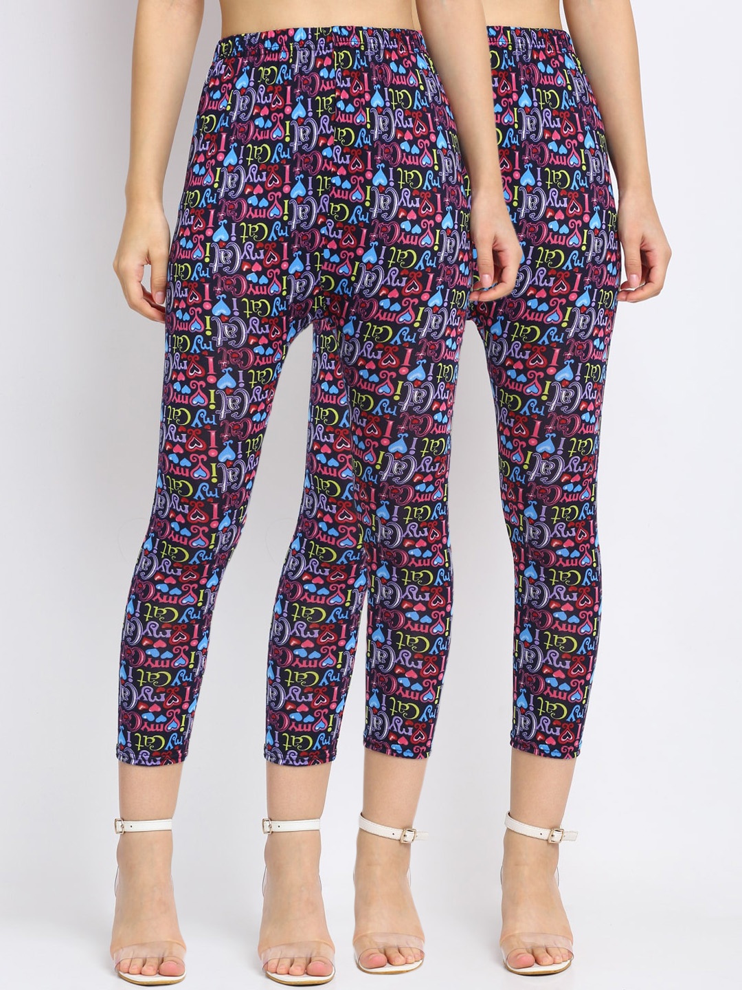 

NEUDIS Women Pack of 2 Blue & Pink Printed Skinny Fit Ankle Length Crop Leggings