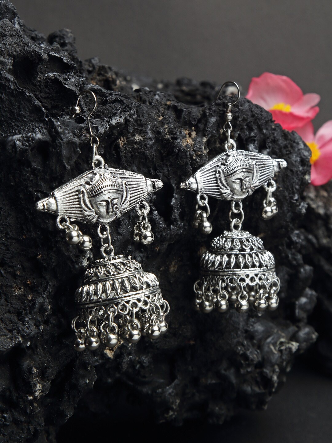 

NEUDIS Oxidised Silver-Toned Dome Shaped Jhumkas