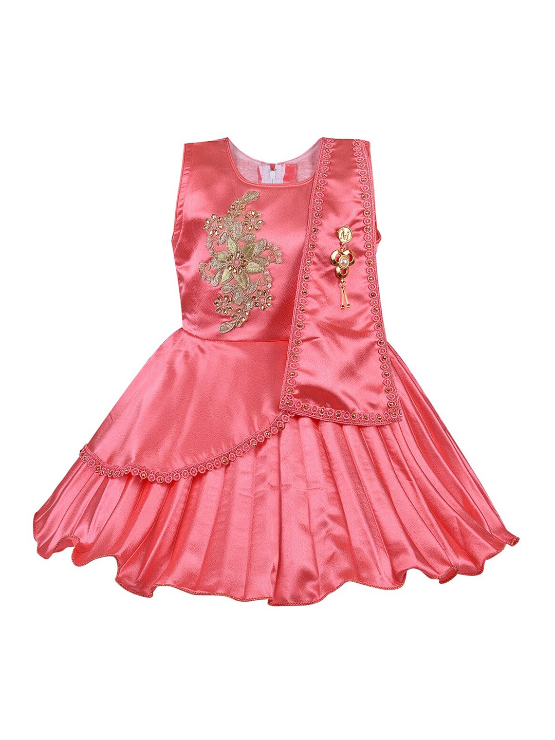 

Wish Karo Girls Peach-Coloured Solid Accordion Pleat A-Line Dress