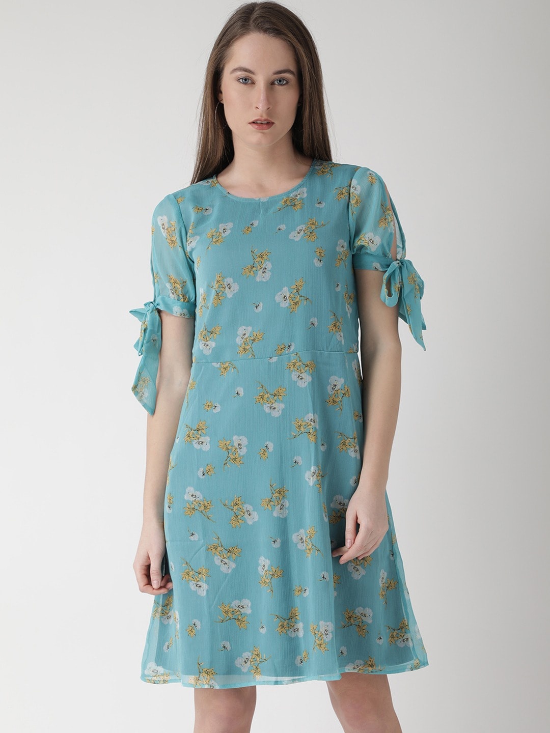 

The Vanca Women Blue & Mustard Yellow Floral Print A-Line Dress