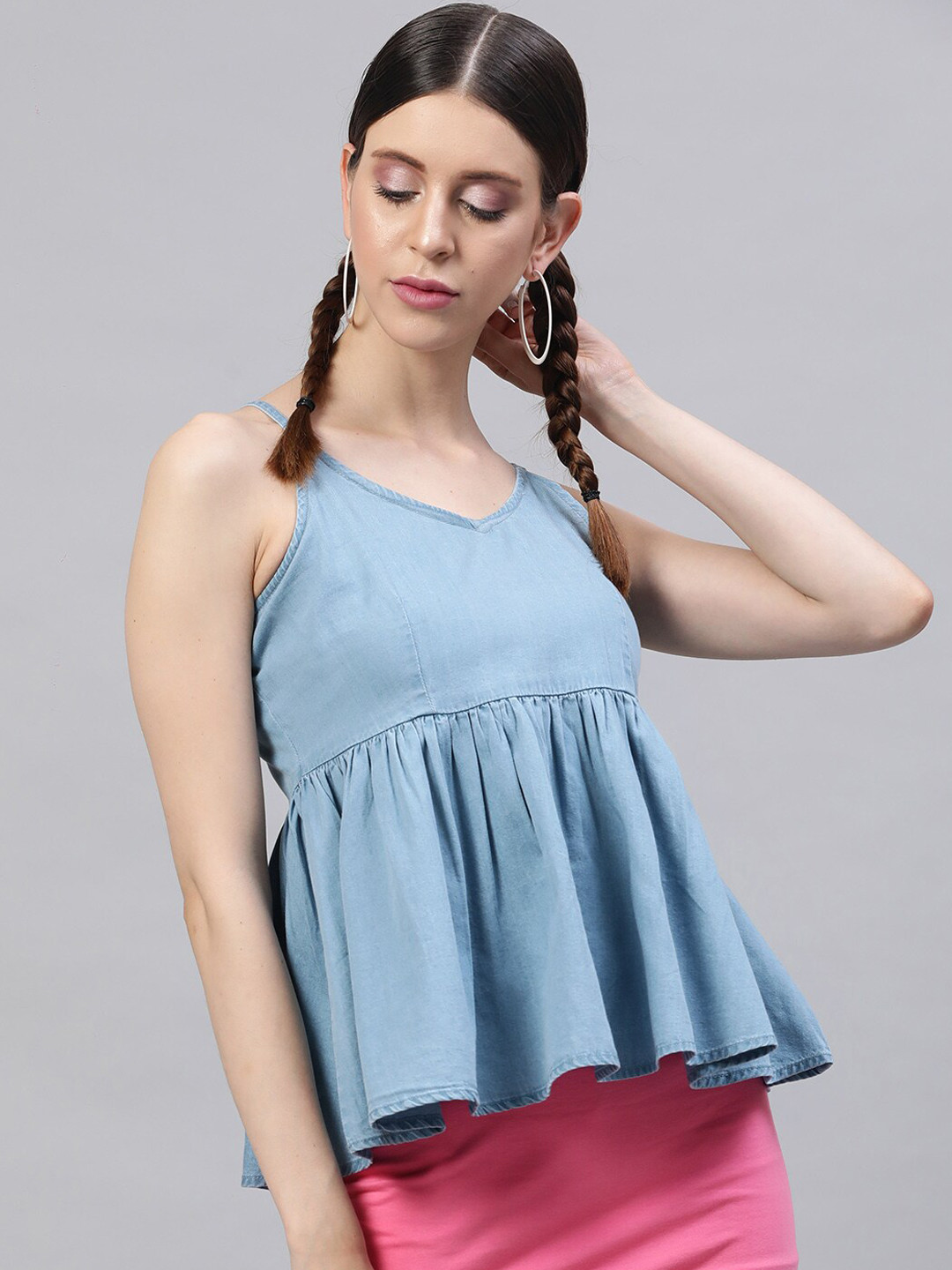 

STREET 9 Blue Solid Indigo Pure Cotton Denim A-Line Top