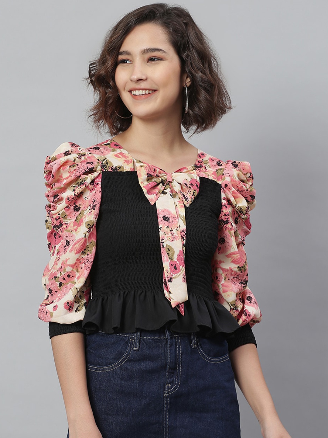 

KASSUALLY Black Floral Tie-Up Neck Crepe Regular Top
