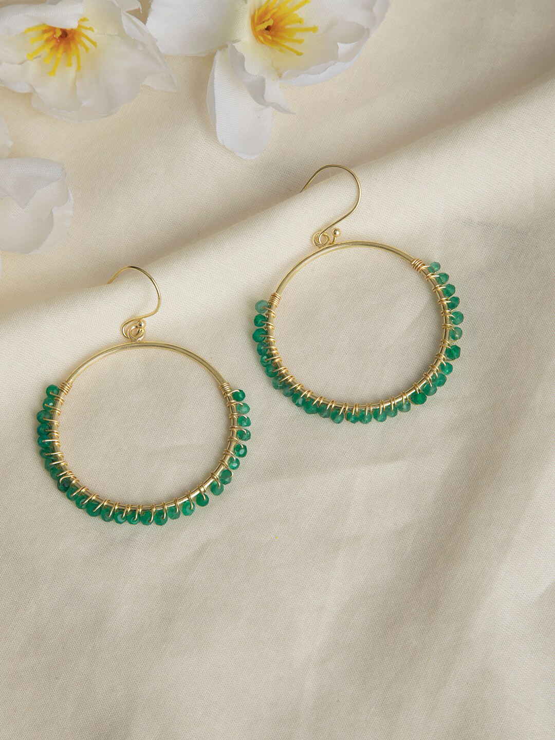 

INDYA Green & Gold-Plated Circular Drop Earrings