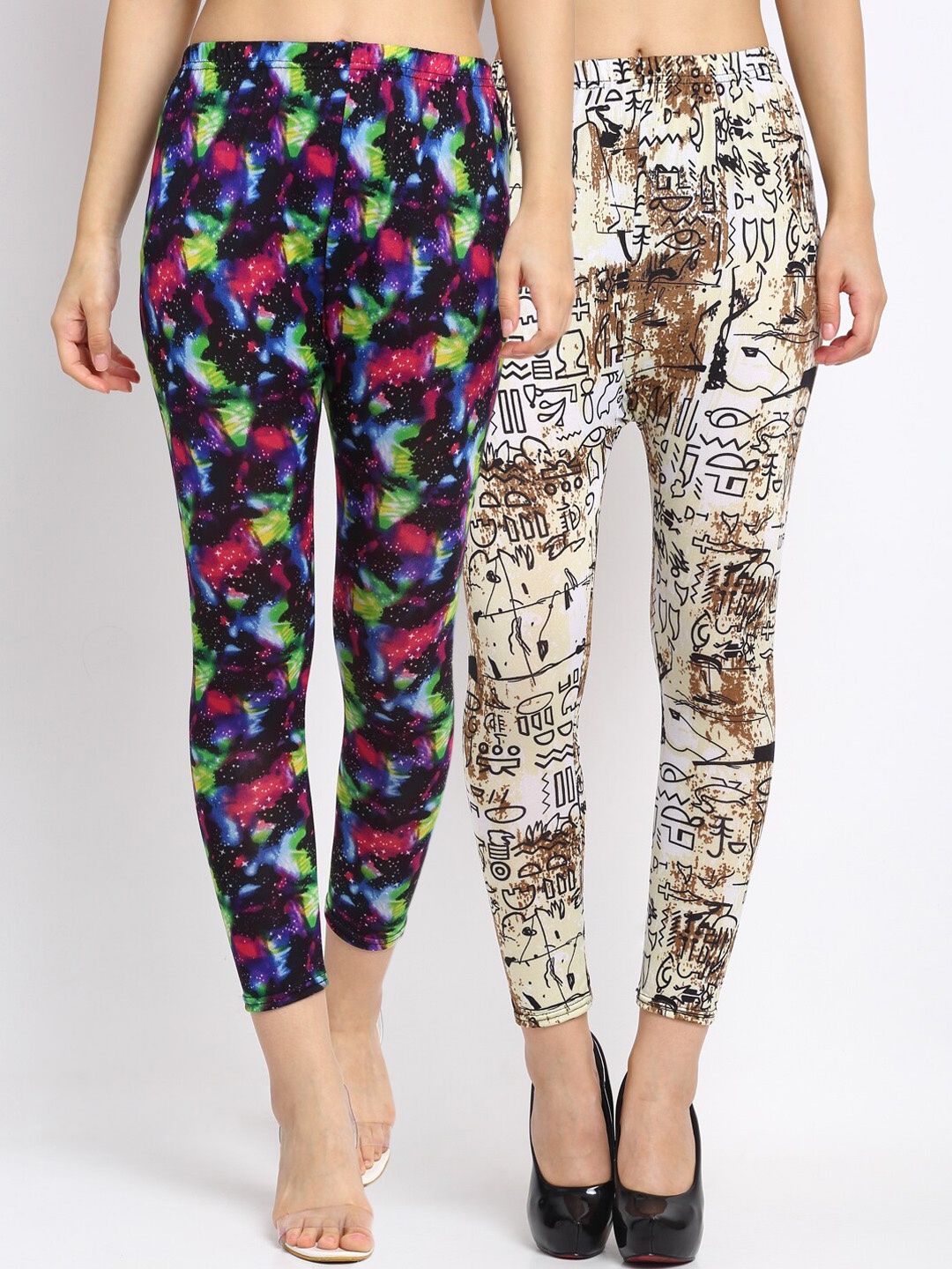 

NEUDIS Women Pack of 2 Printed Skinny Fit Ankle Length Crop Leggings, Multi