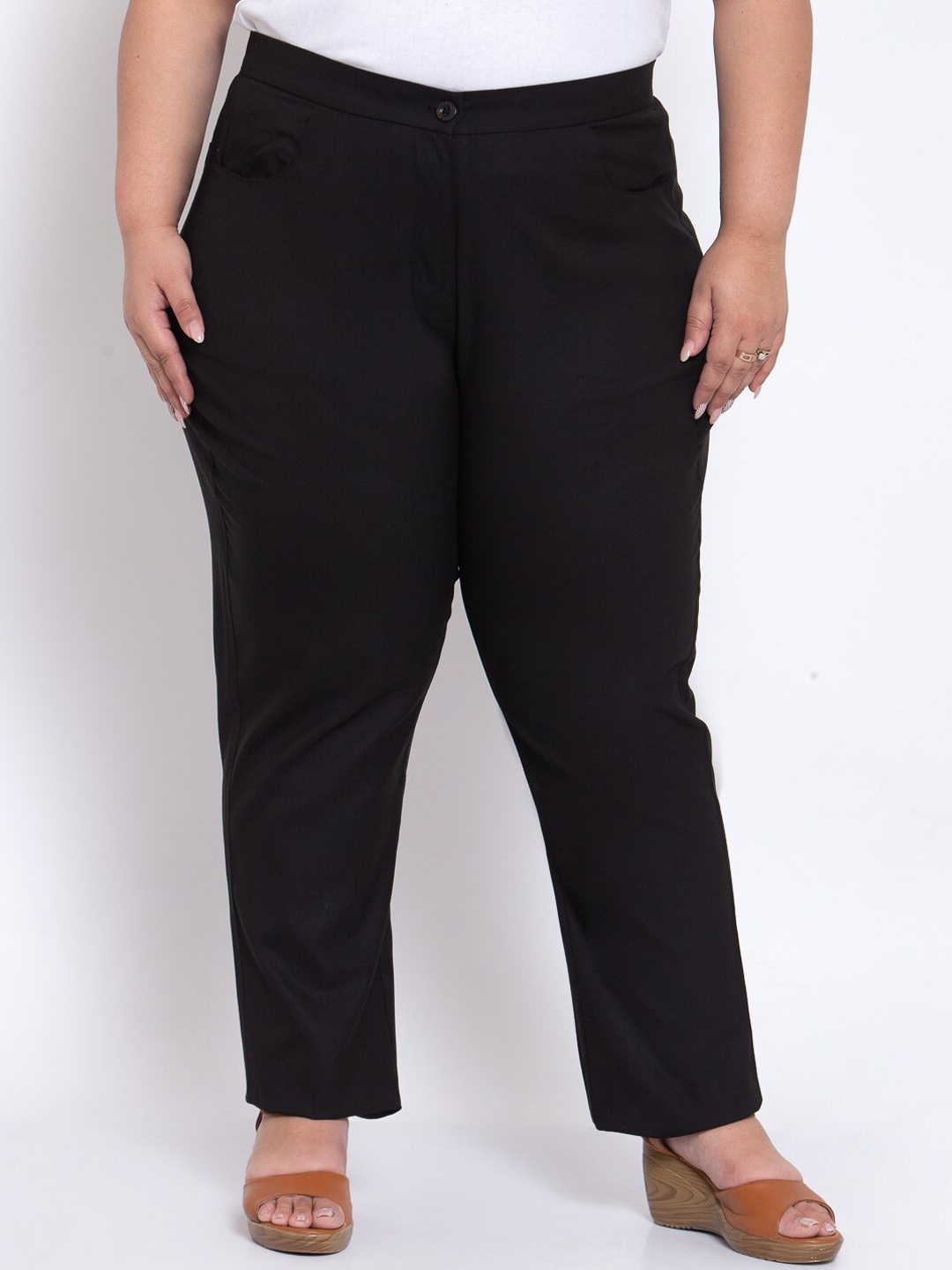 

plusS Women Black Regular Fit Solid Cotton Formal Trousers
