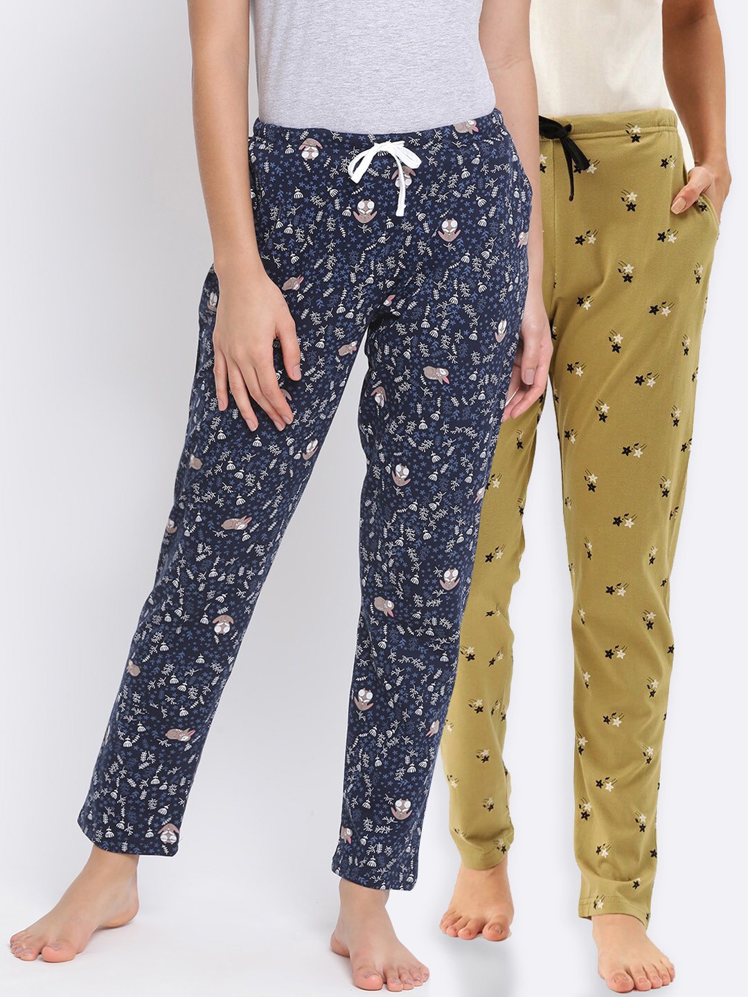 

Kanvin Women Pack of 2 Printed Pure Cotton Lounge Pants, Mustard