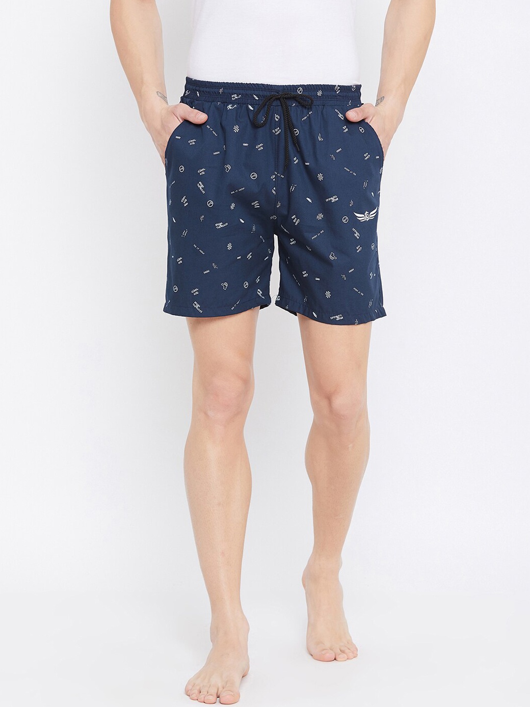 

CHROME & CORAL Men Navy Blue & White Printed Cotton Lounge Shorts