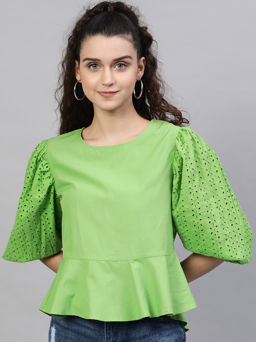 

STREET 9 Green Solid Puff Sleeves Schiffli Pure Cotton Peplum Top