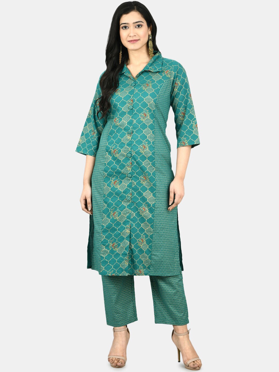 

Myshka Women Green Printed Kurti with Trousers