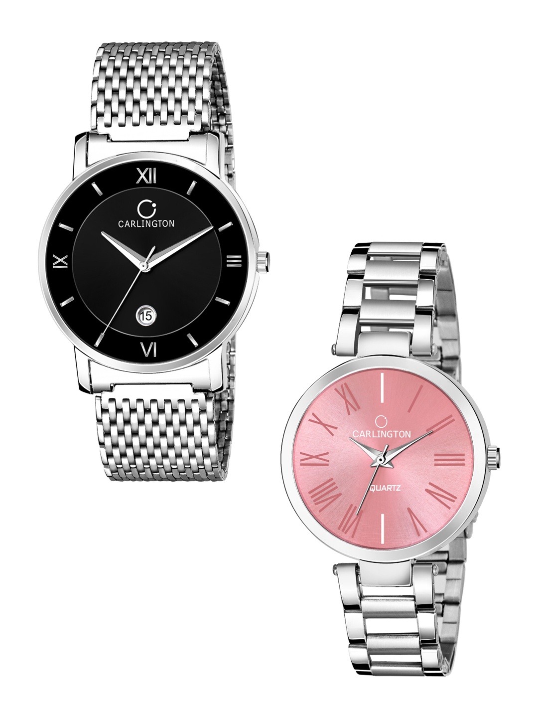 

CARLINGTON Unisex His & Her Black & Pink Analogue Watch Gift Set